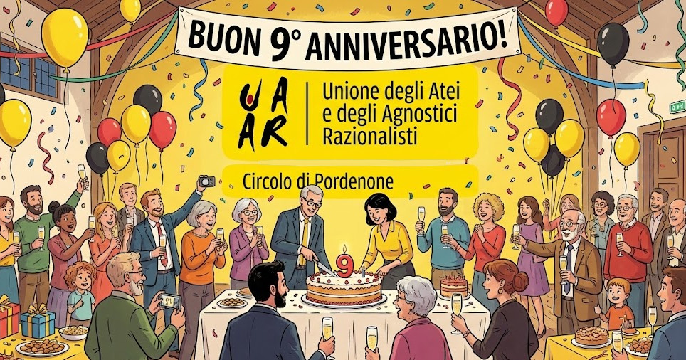Immagine rappresentativa della festa per l'anniversario del circolo Uaar di Pordenone. L'immagine è realizzata con l'uso di un sistema di intelligenza artificiale.